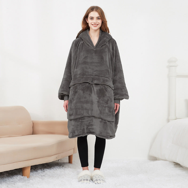 Oversized warm wearable blanket with pet pouch