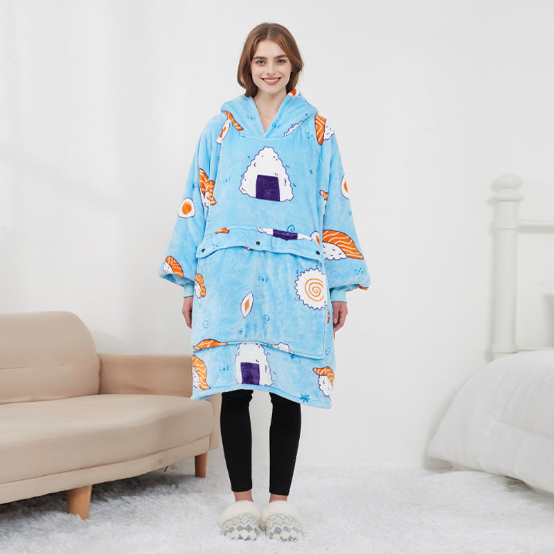 Oversized warm wearable blanket with pet pouch