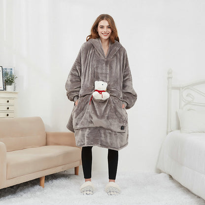 Oversized warm wearable blanket with pet pouch