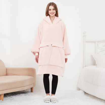 Oversized warm wearable blanket with pet pouch