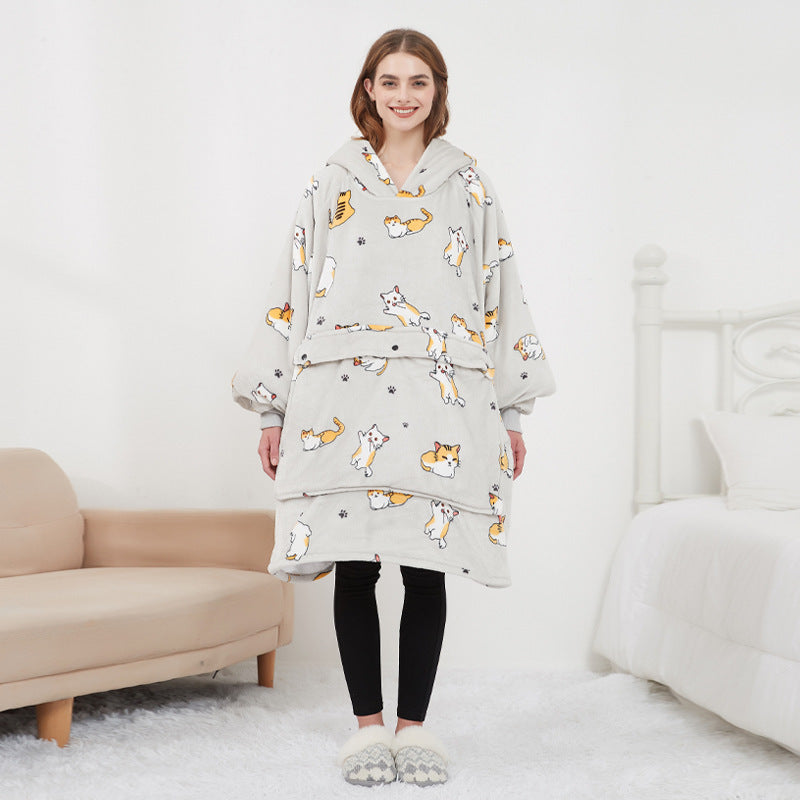 Oversized warm wearable blanket with pet pouch