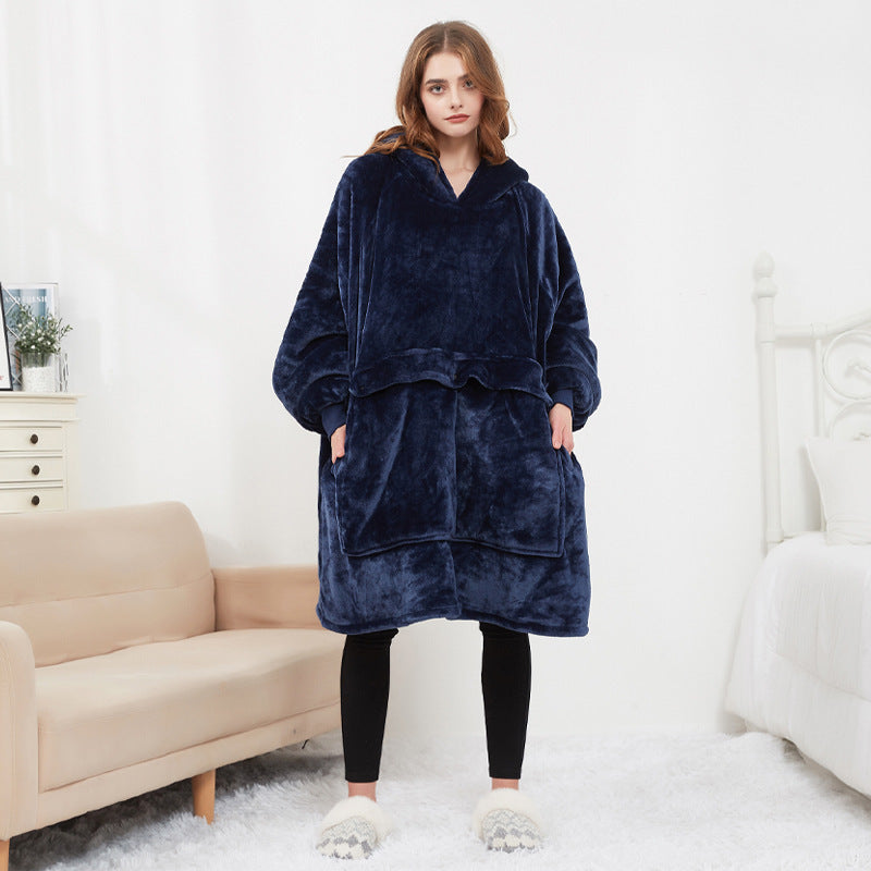Oversized warm wearable blanket with pet pouch