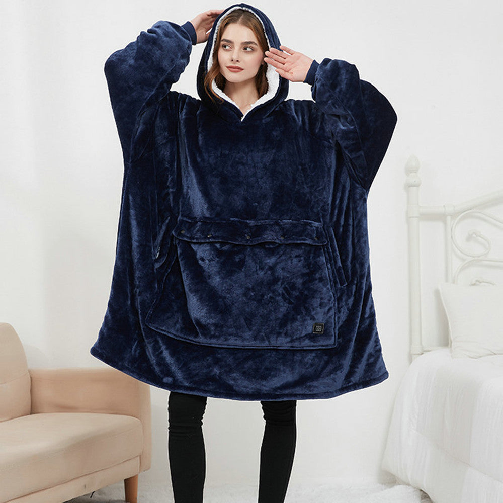 Oversized warm wearable blanket with pet pouch