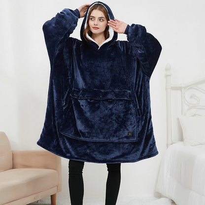 Oversized warm wearable blanket with pet pouch