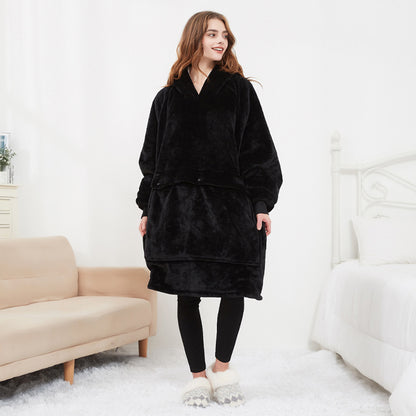 Oversized warm wearable blanket with pet pouch